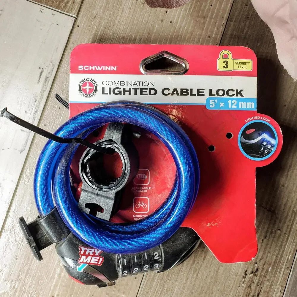 Schwinn LED Lighted 5 Ft. Steel Cable Combo Lock NEW